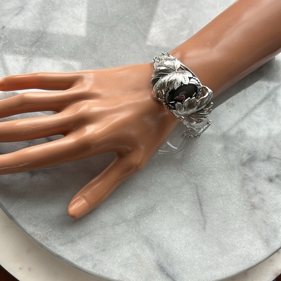 Whiting and Davis vintage silver plated hinged bracelet hematite cabochon stone - Picture 9 of 15